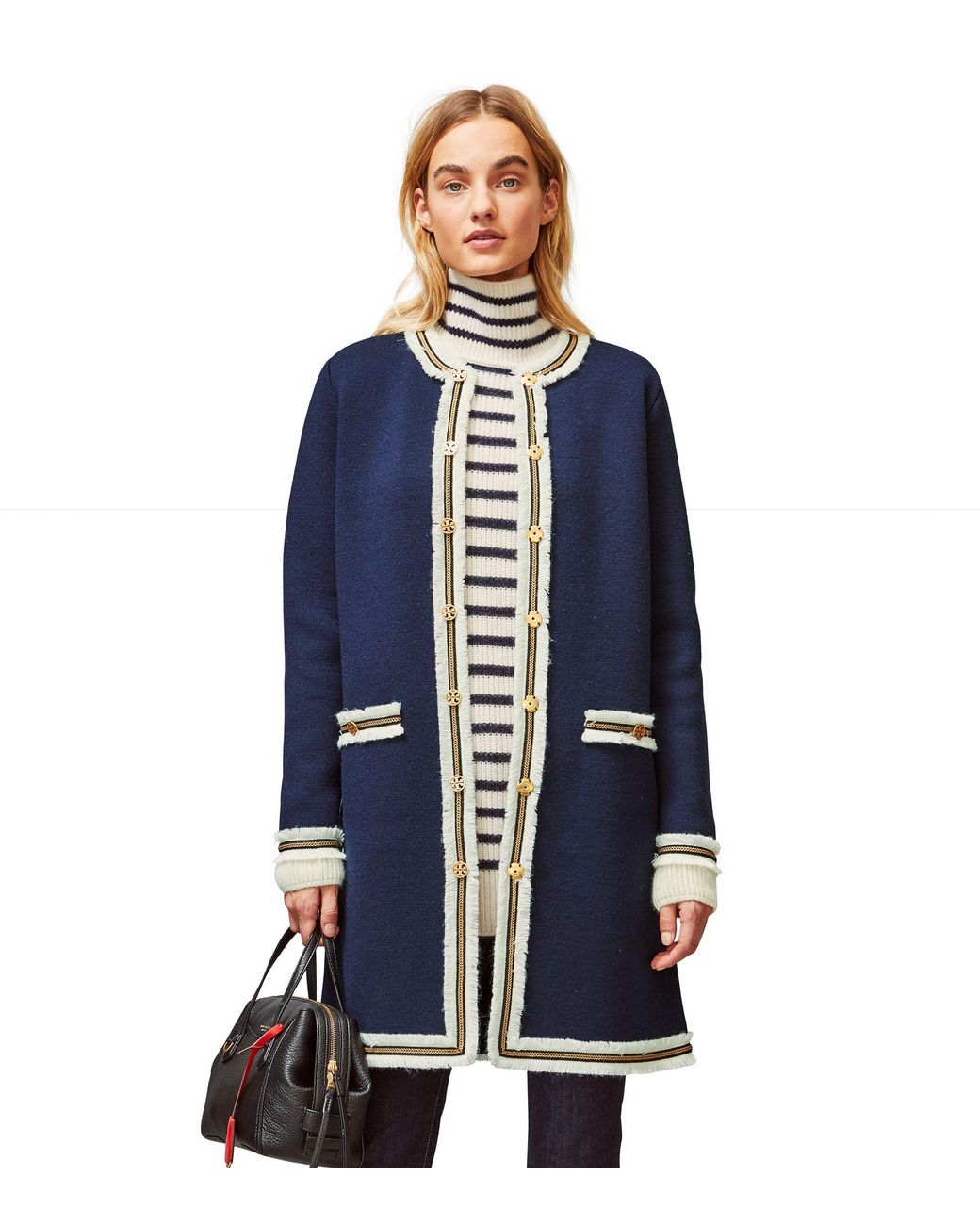 Tory Burch Kendra Fringed Sweater Coat in Blue | Lyst