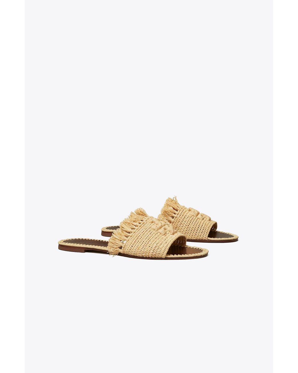 Tory Burch Leather Eleanor Raffia Slide in Natural (Metallic) | Lyst