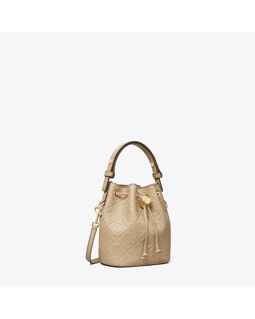 Tory Burch Natural T Monogram Pebbled Mini Bucket Bag