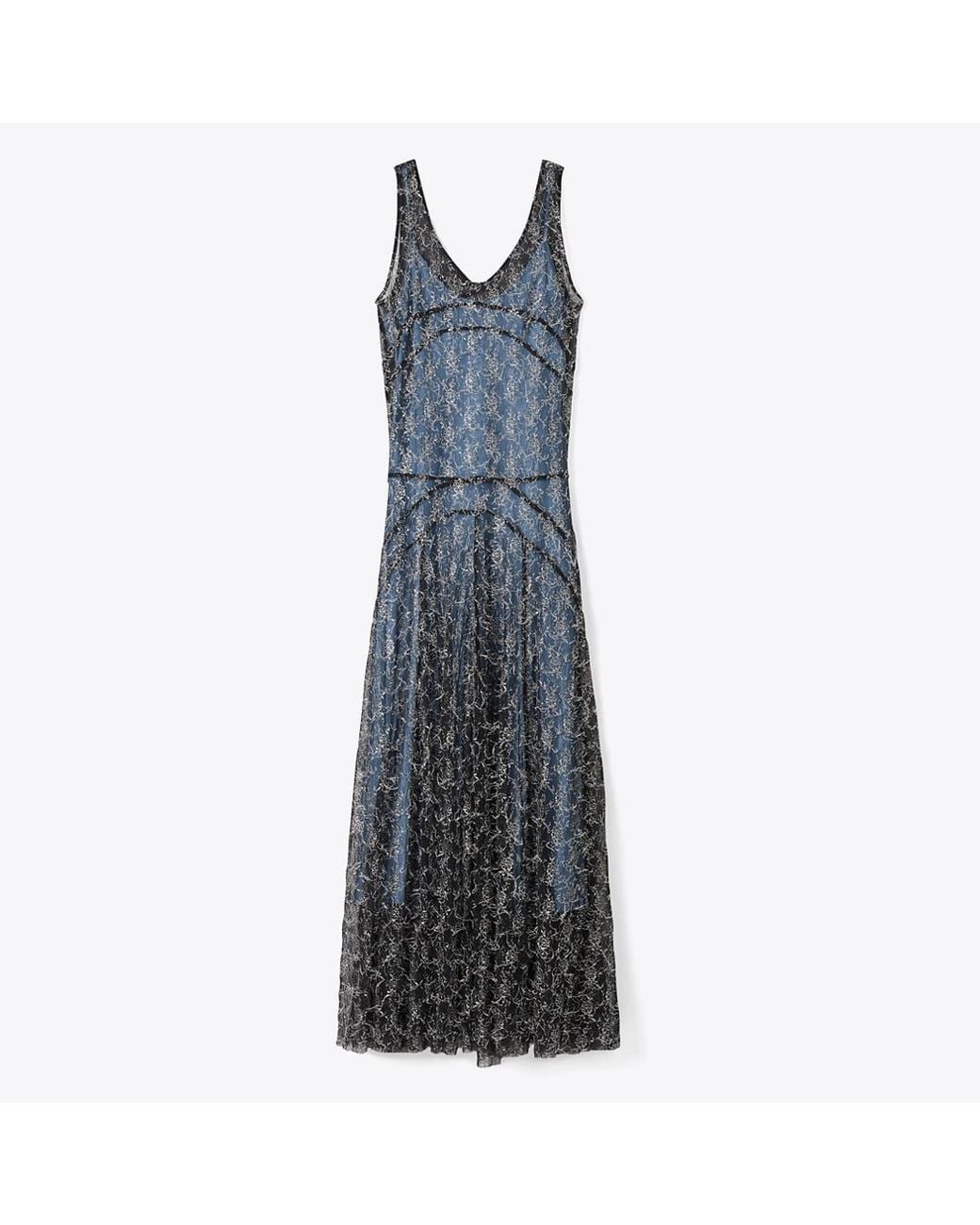 Tory Burch Blue Chantilly Lace Fil Coupé Dress
