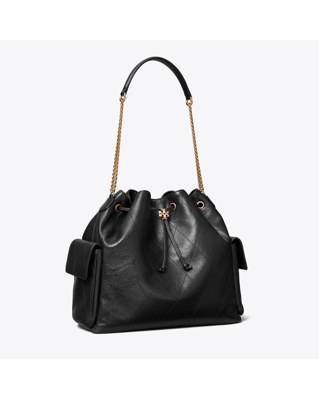 Tory Burch Black Large Charlie Quilted Drawstring Shoulder Bag