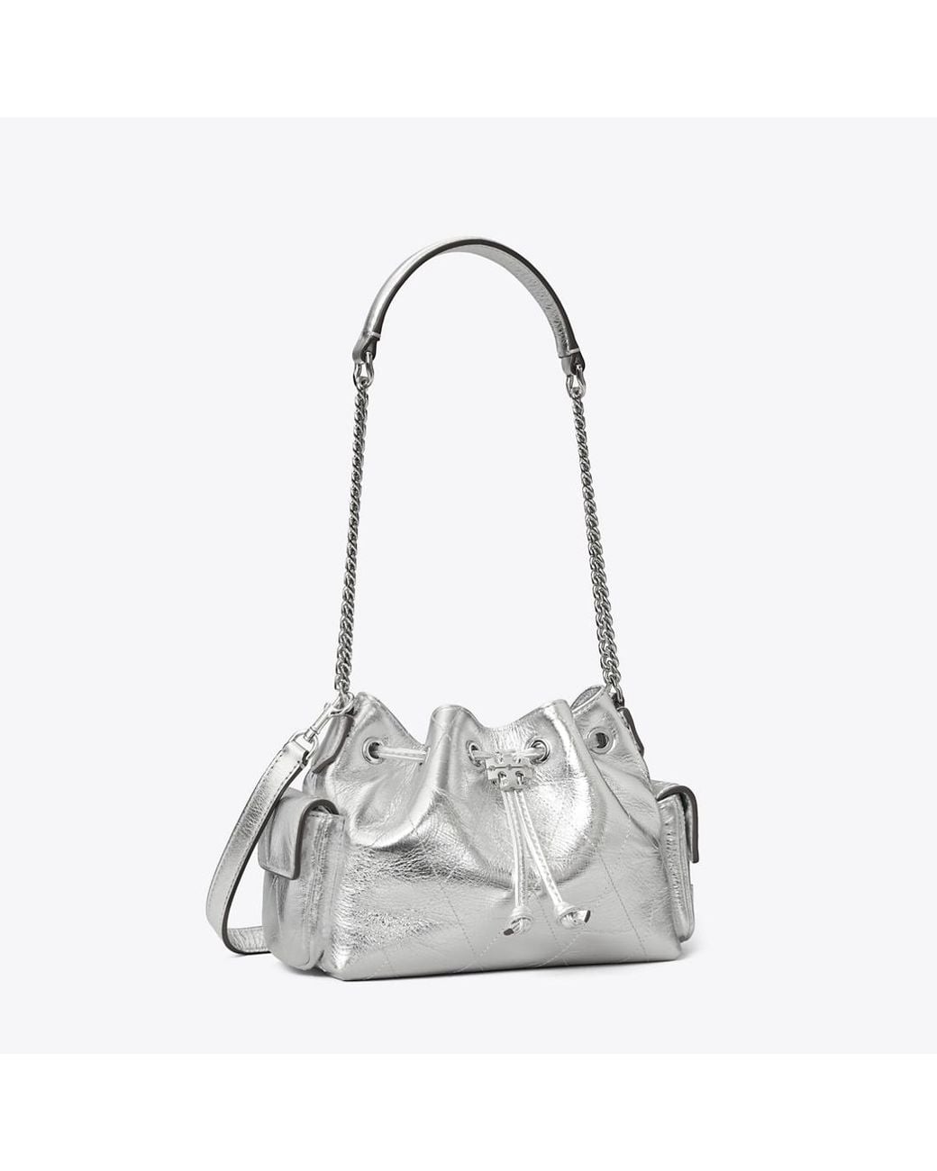 Tory Burch White Mini Charlie Quilted Metallic Drawstring Shoulder Bag
