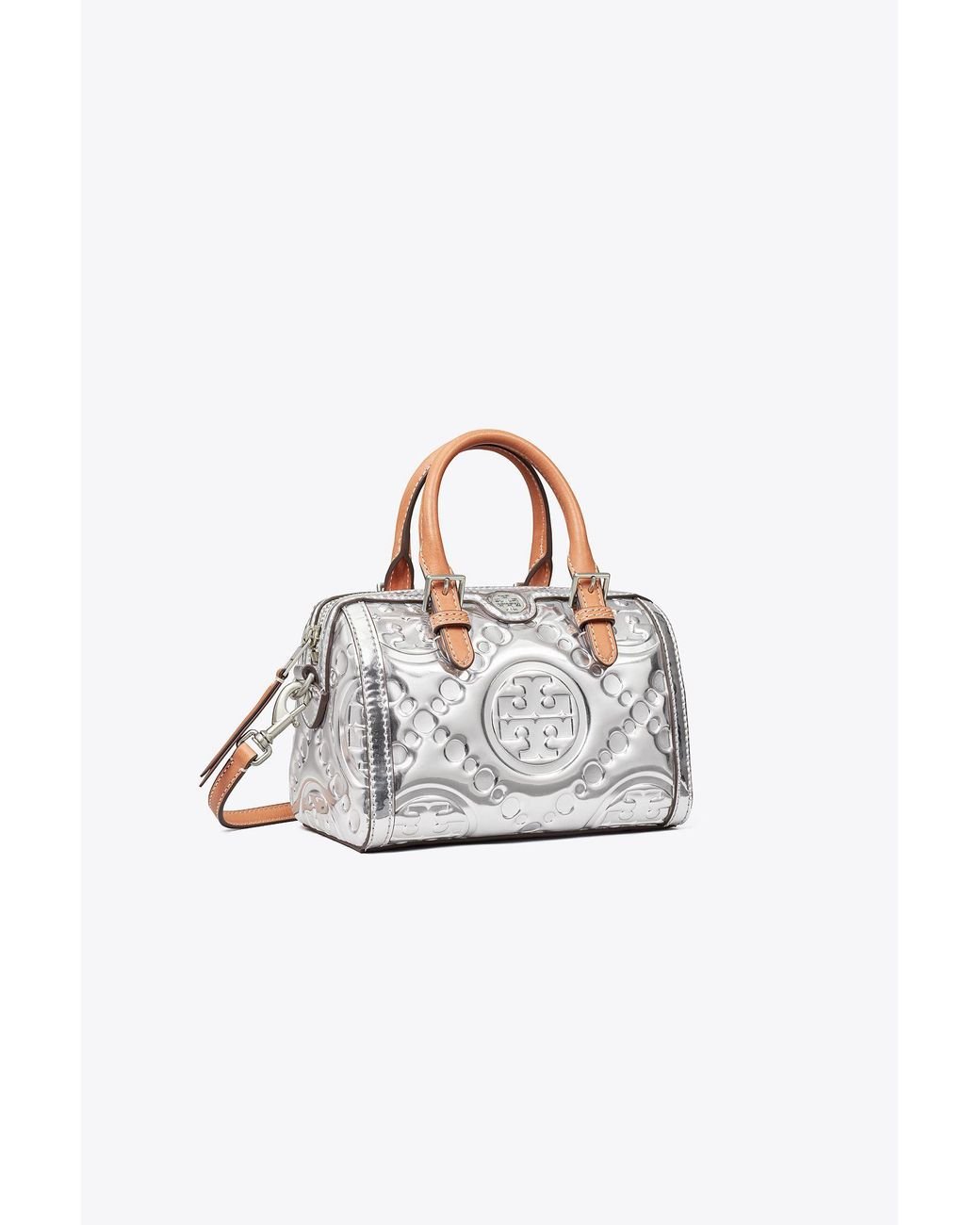 Tory Burch Petite T Monogram Denim Barrel Bag in White