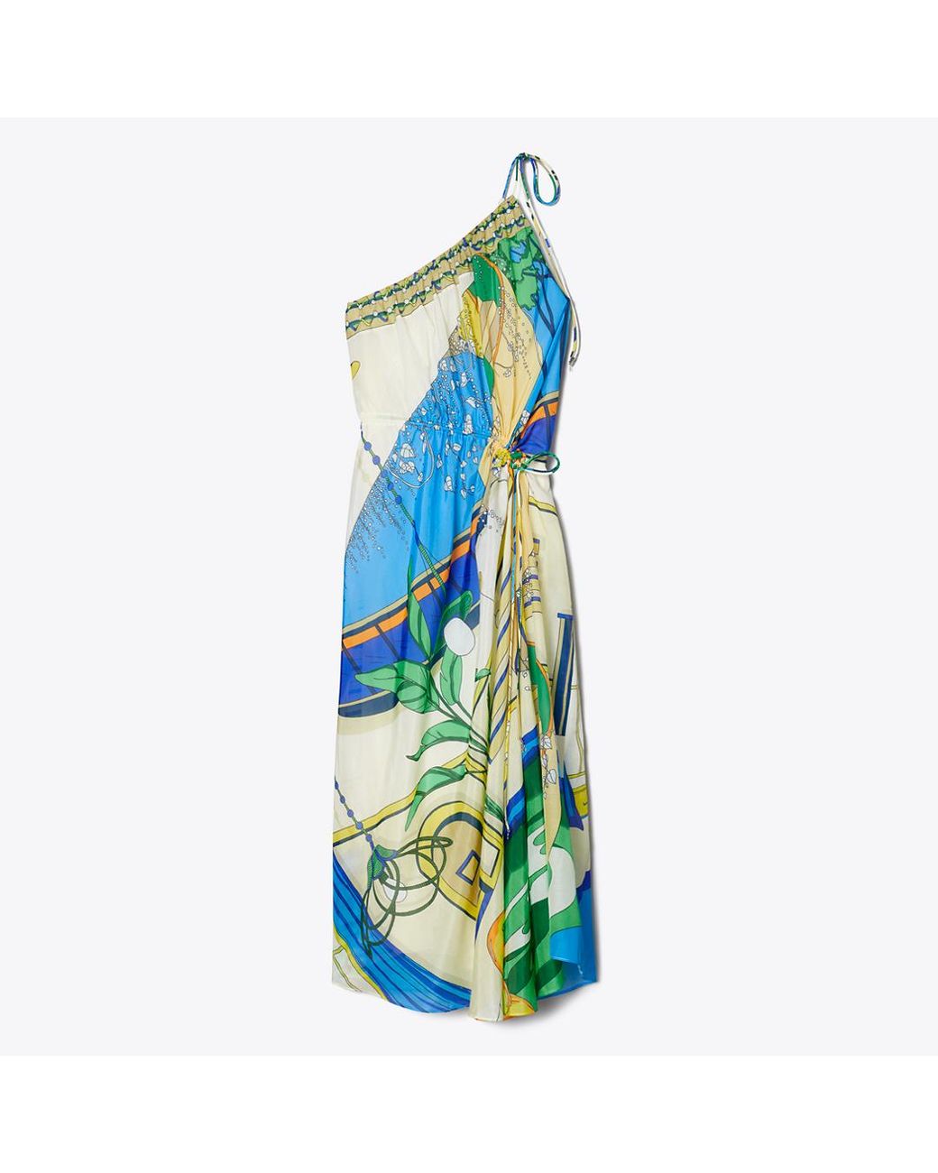 Tory Burch Blue Printed One-Shoulder Cotton Dress
