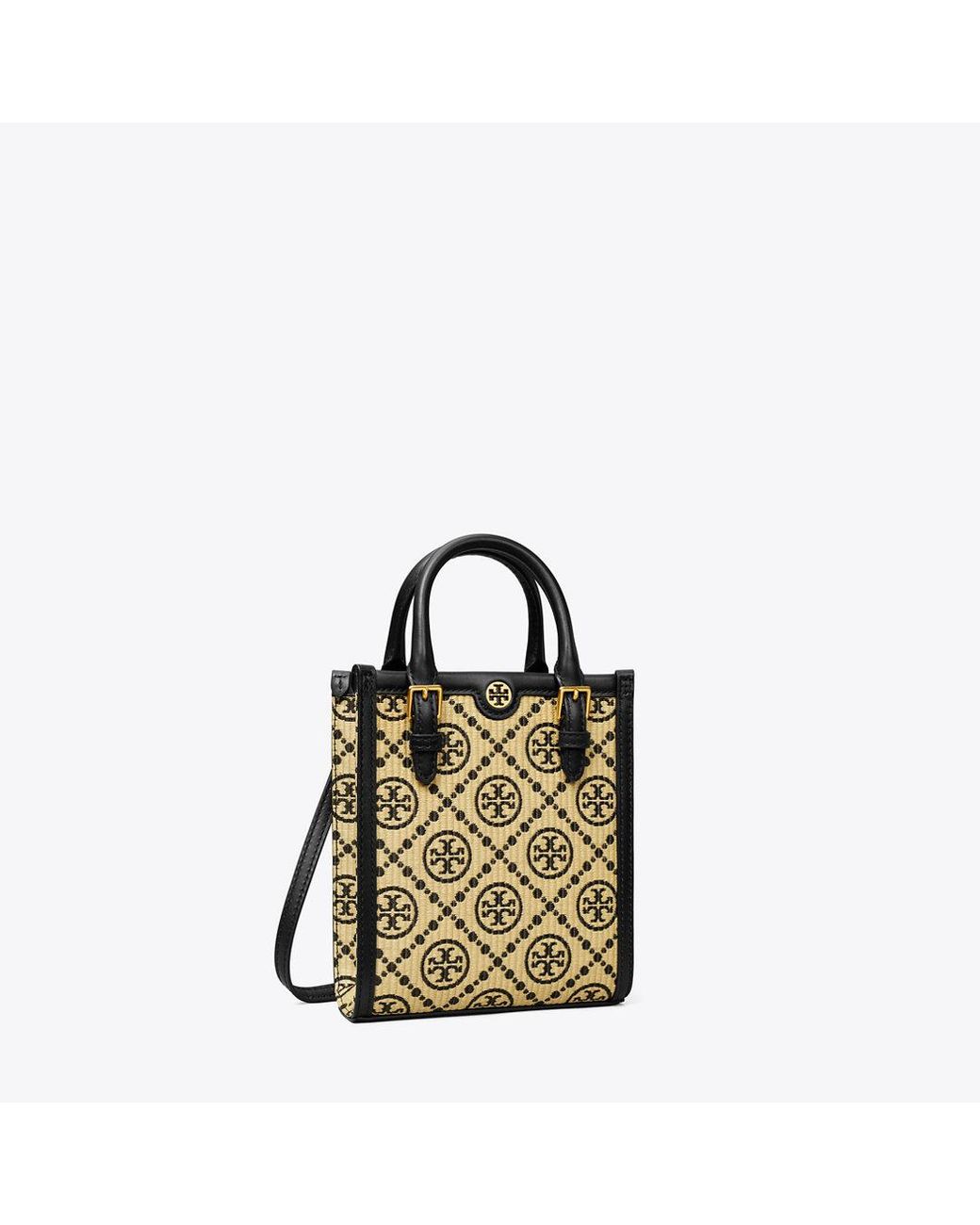 Tory Burch T Monogram Raffia Mini Tote in Black | Lyst