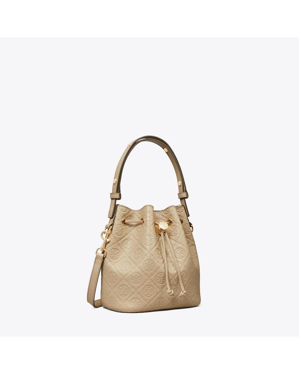 Tory Burch Natural T Monogram Pebbled Bucket Bag