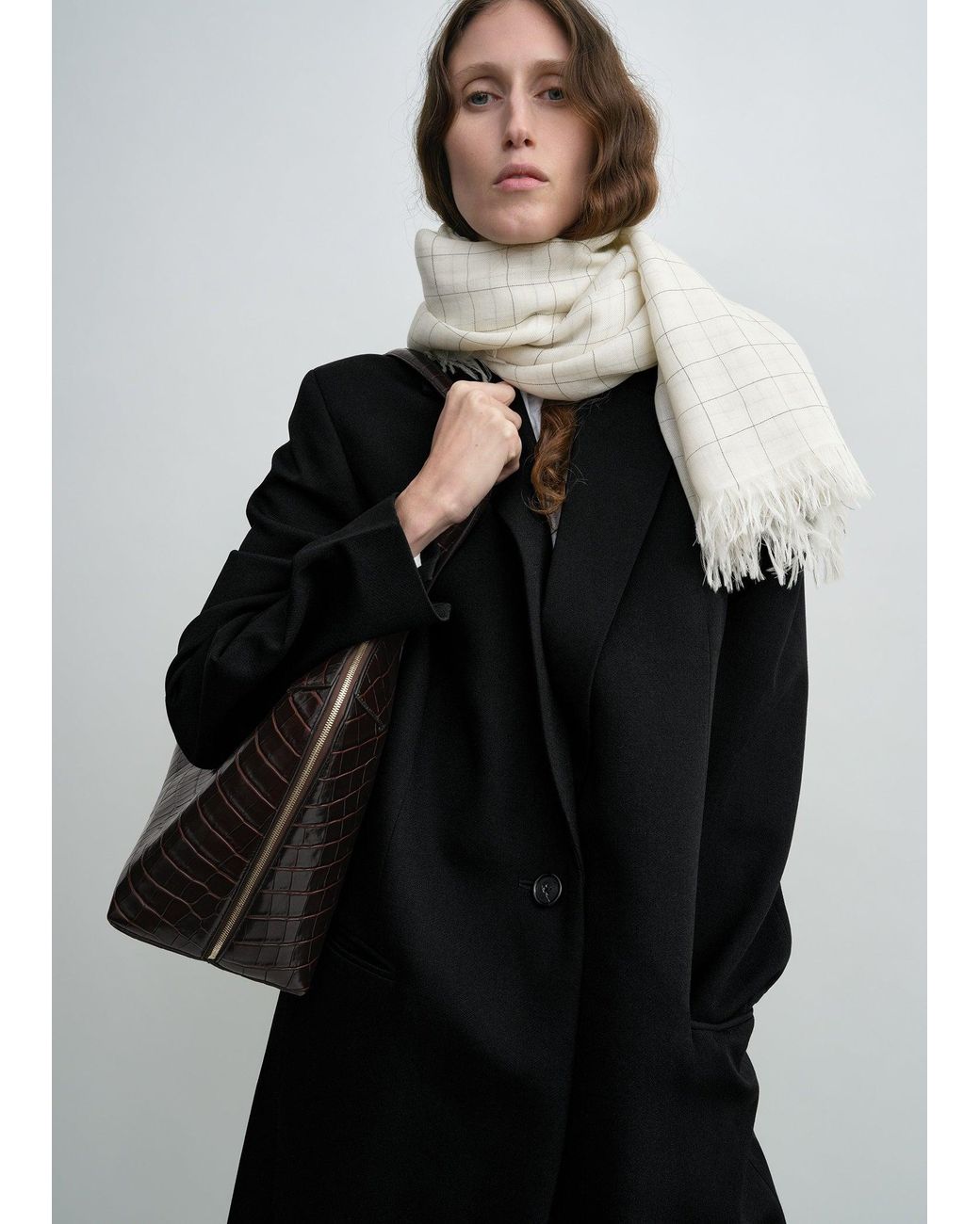 Totême  Natural Checked Light Wool Scarf Ecru
