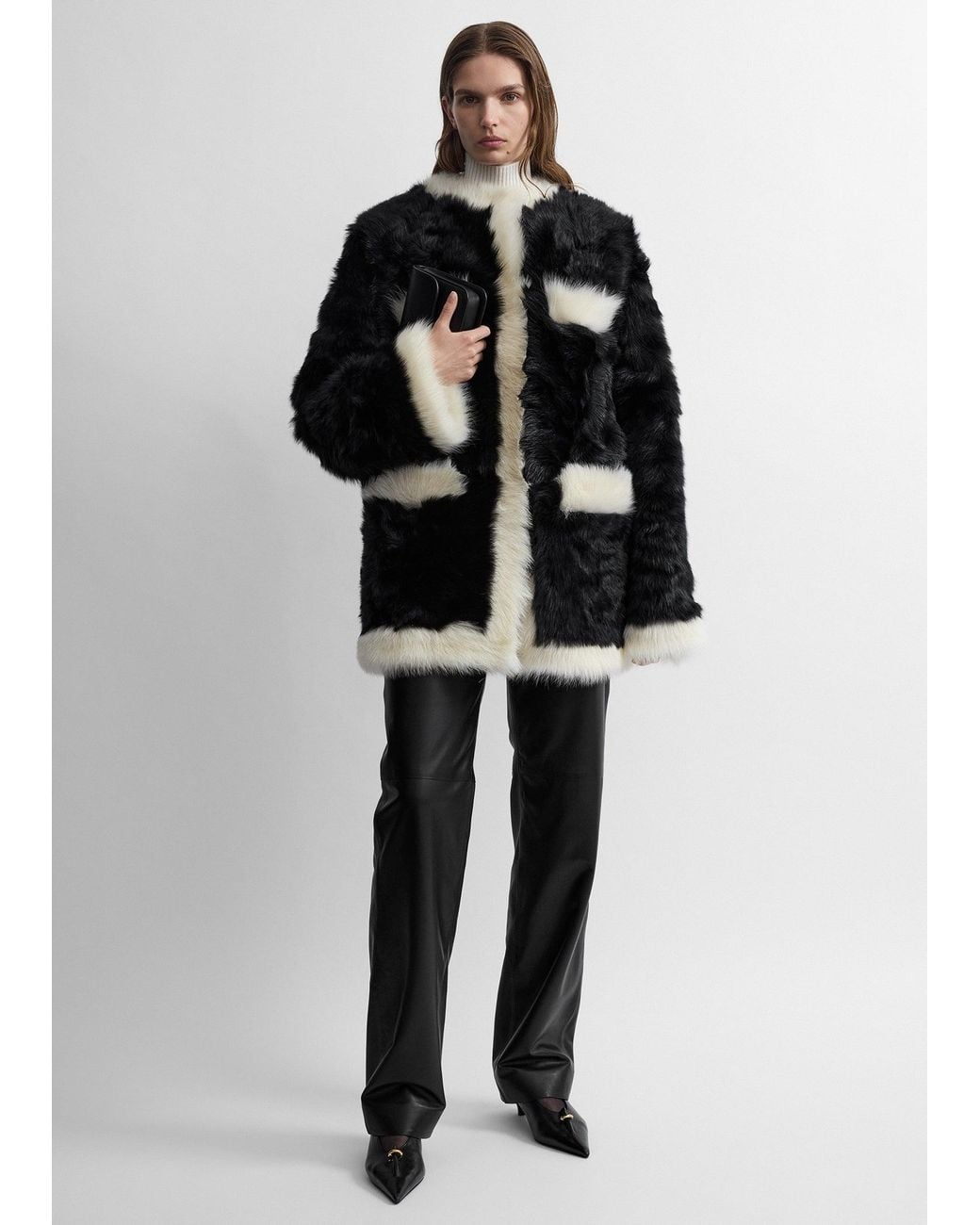 Totême Black Silky Shearling Pocket Jacket/Natural