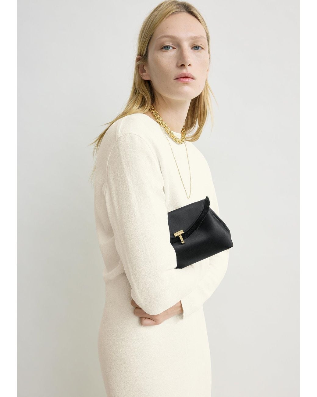 Totême White Mini T-Lock Frayed Satin Clutch