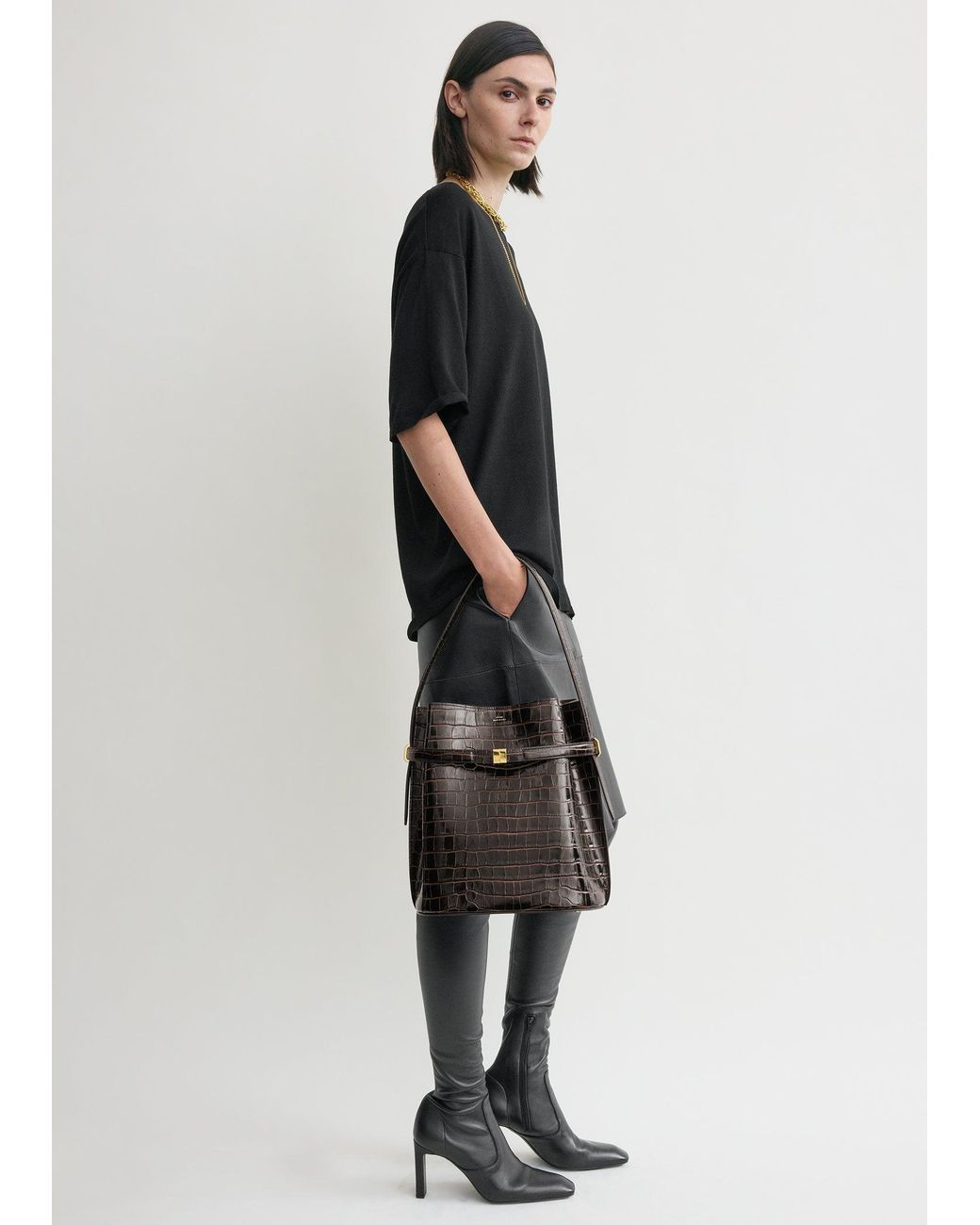 Totême Black Belted Croco-Embossed Bucket Bag