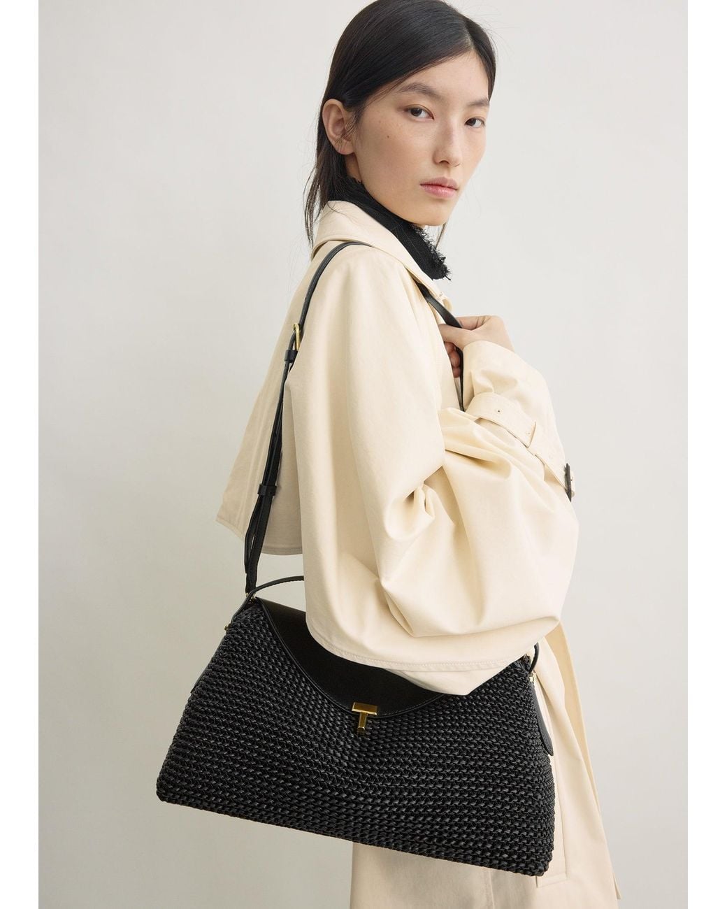 Totême Black T-Lock Woven-Leather Top Handle