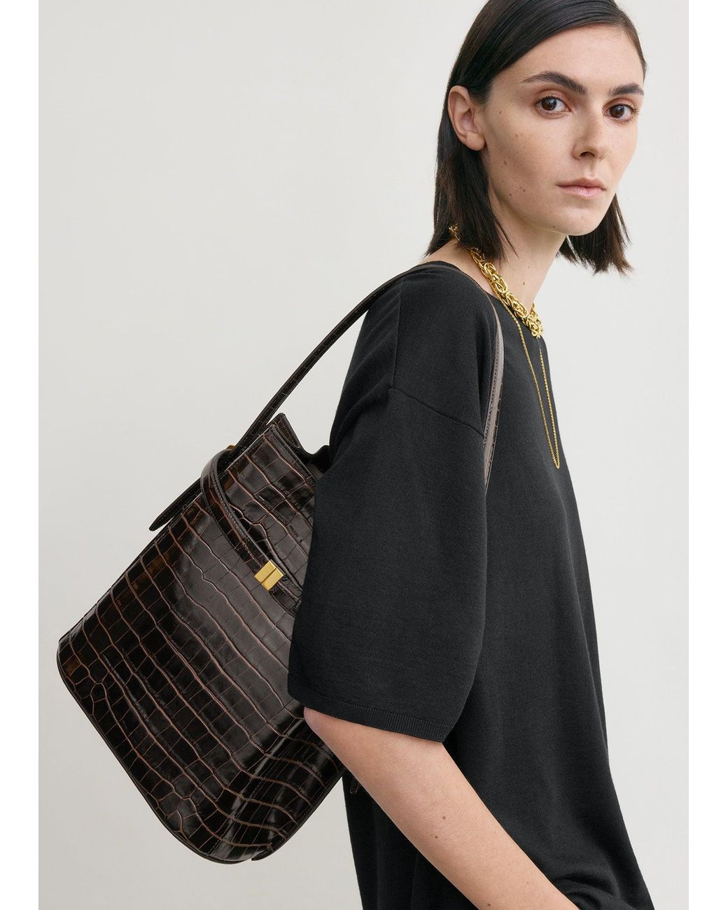 Totême Black Belted Croco-Embossed Bucket Bag