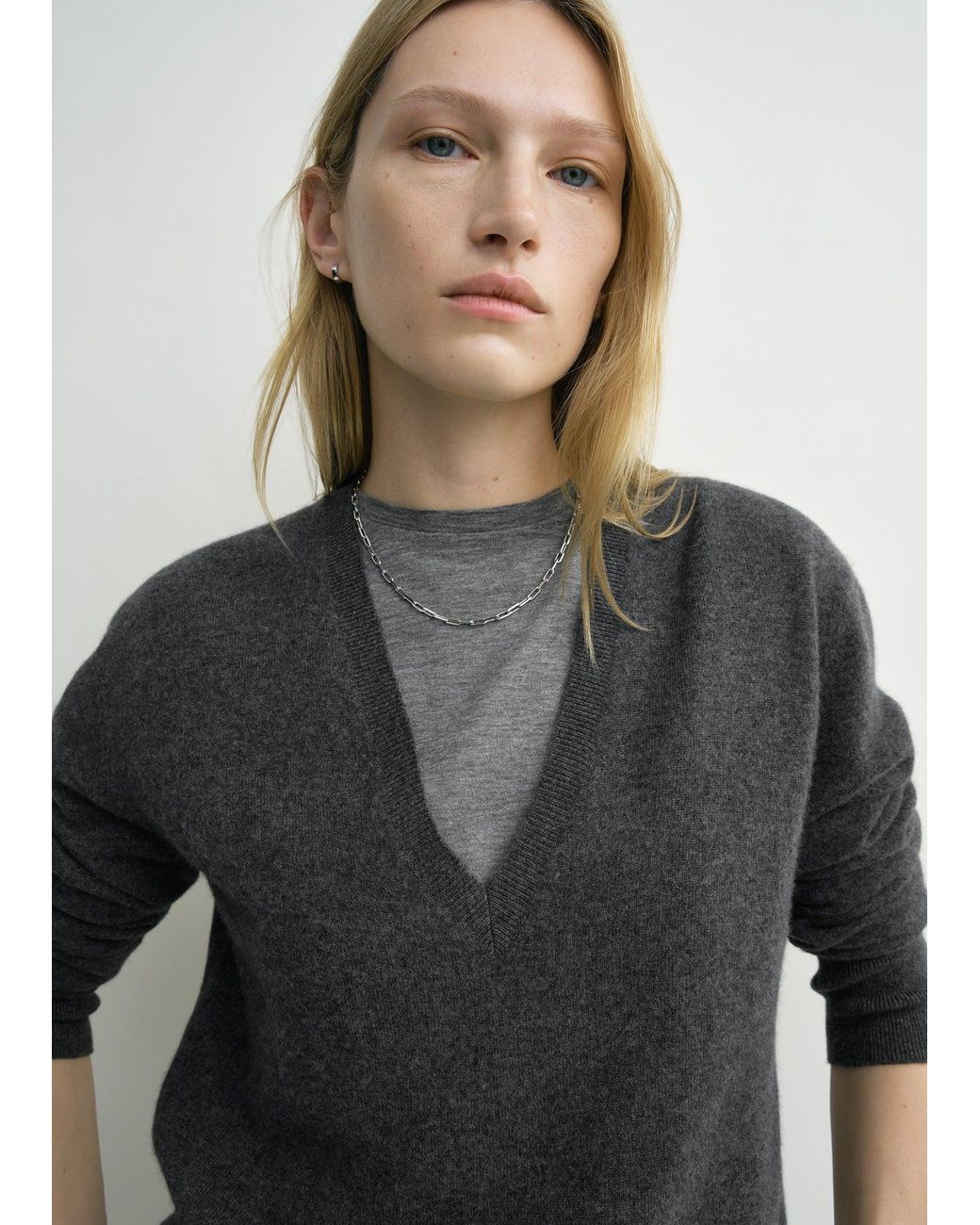 Totême  Gray Cashmere V-Neck Knit Charcoal