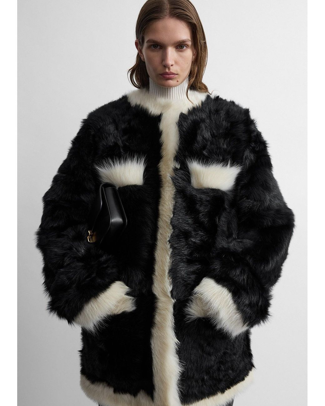 Totême Black Silky Shearling Pocket Jacket/Natural