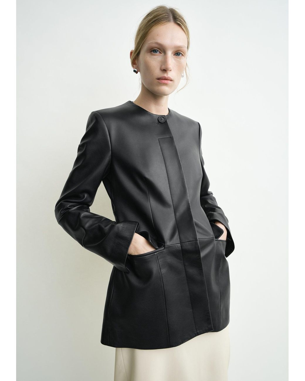 Totême Black Collarless Leather Jacket