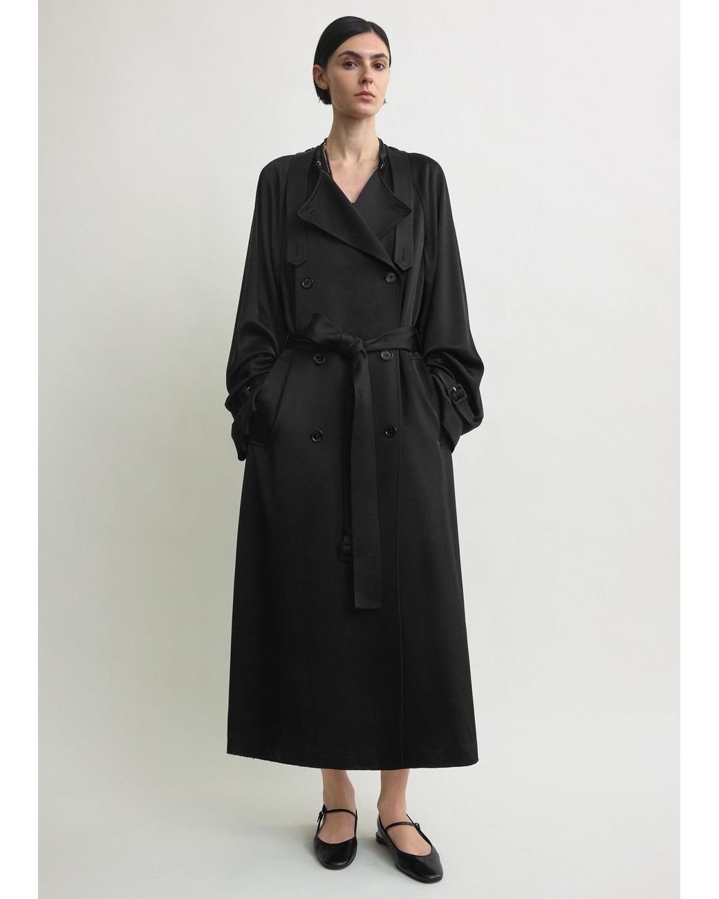 Totême Black Draped Satin Trench