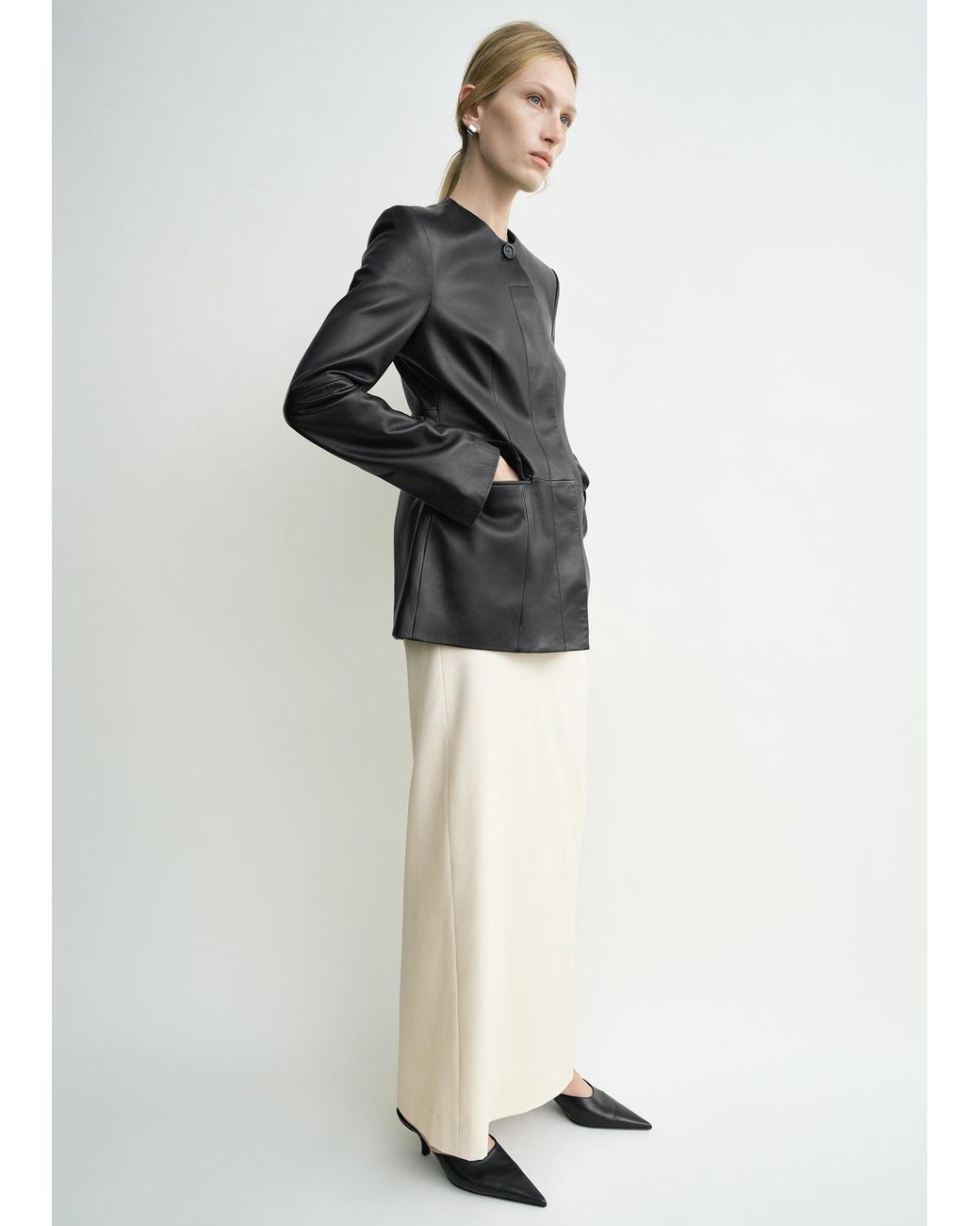 Totême Black Collarless Leather Jacket