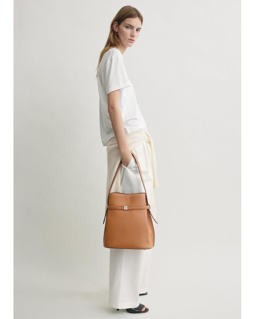 Totême White Belted Grained-Leather Bucket Bag