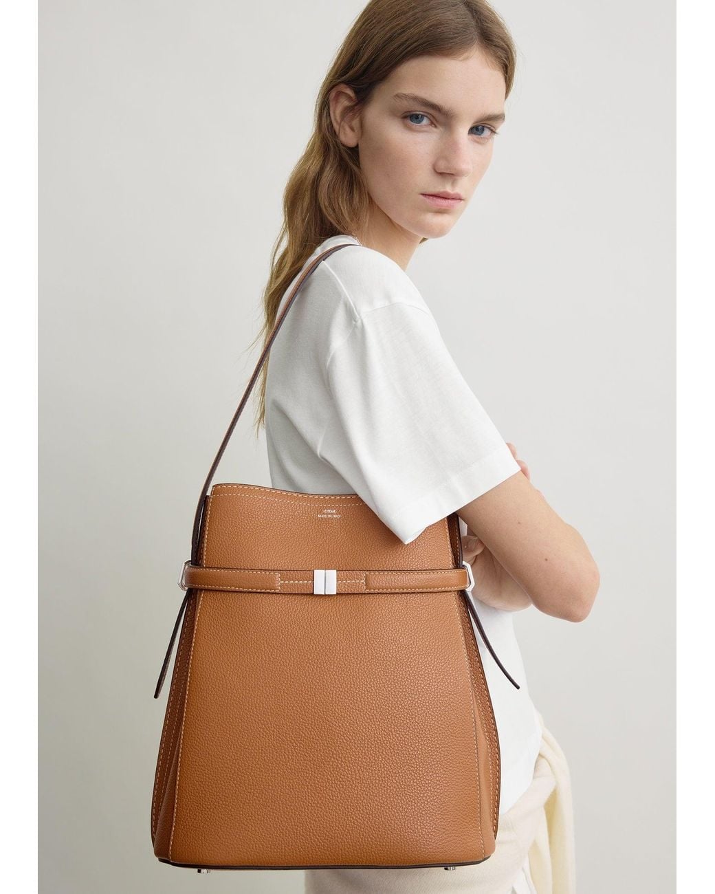 Totême White Belted Grained-Leather Bucket Bag