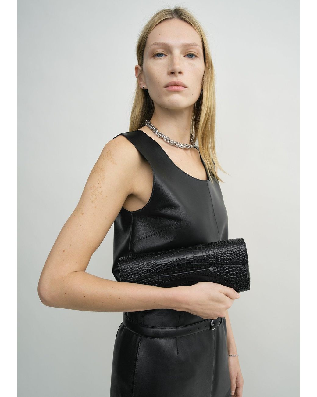 Totême  White Soft Croco-Embossed T-Clutch