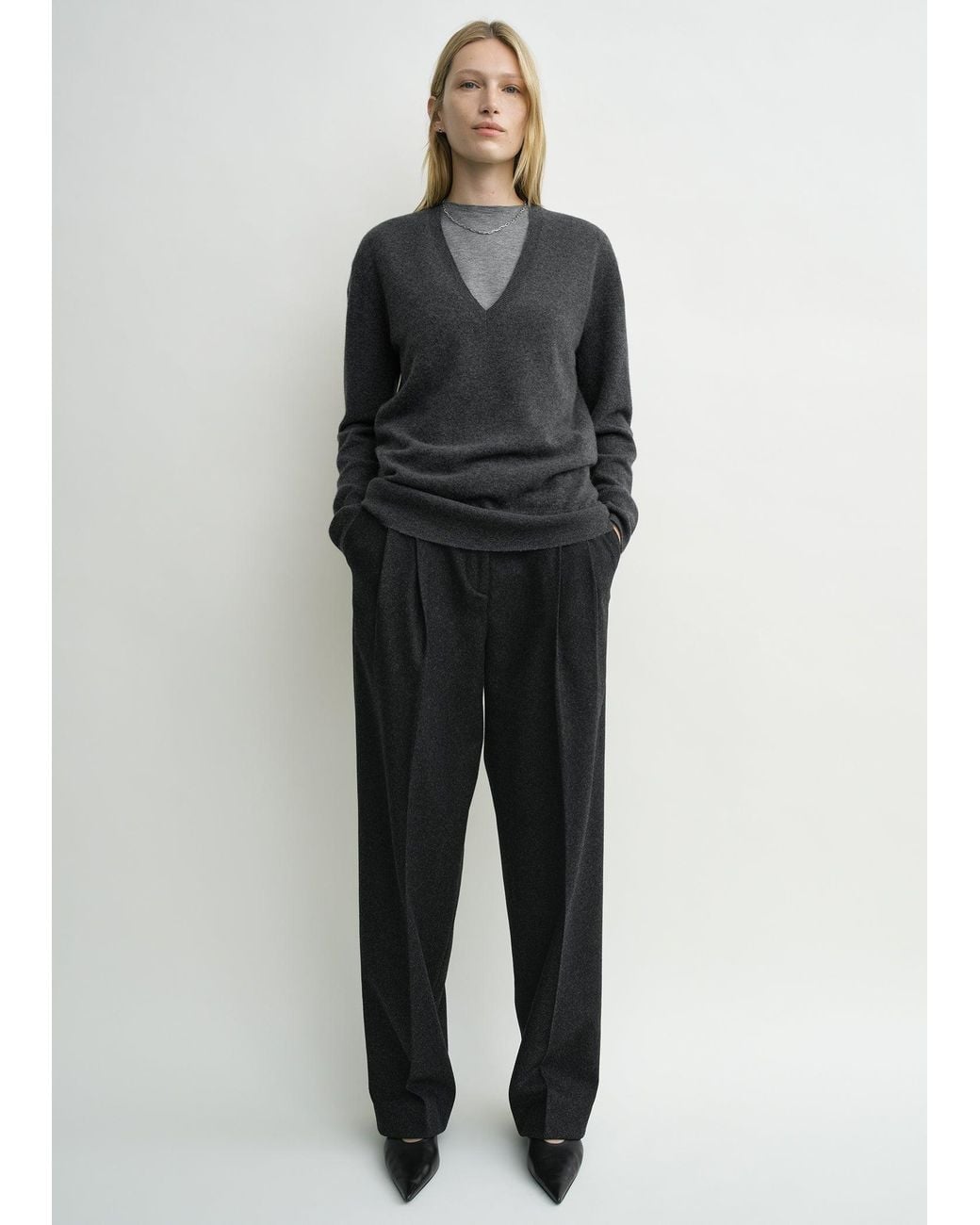 Totême  Gray Cashmere V-Neck Knit Charcoal