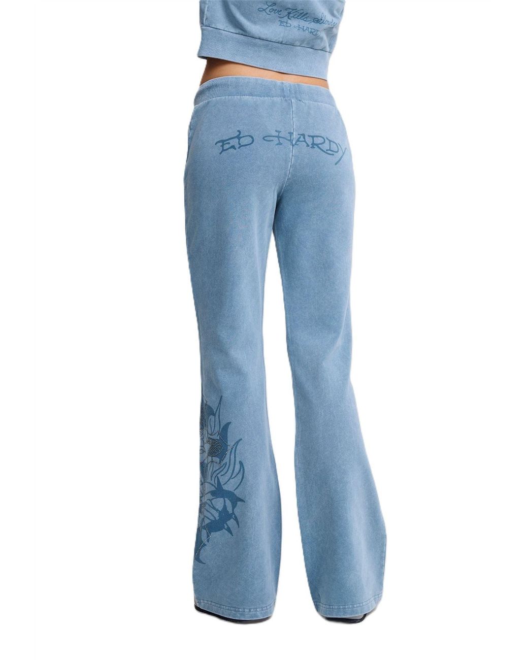 Ed Hardy Blue Cross And Thorn Flared Joggers