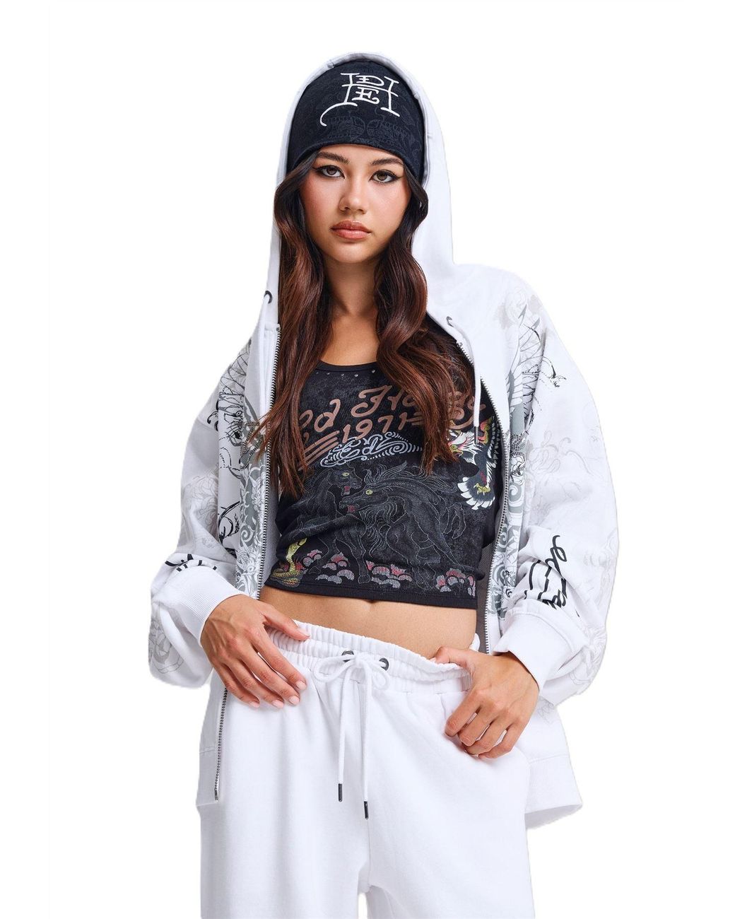 Ed Hardy White Diamante Venom Enzyme Wash Relaxed Zip Thru Hoodie