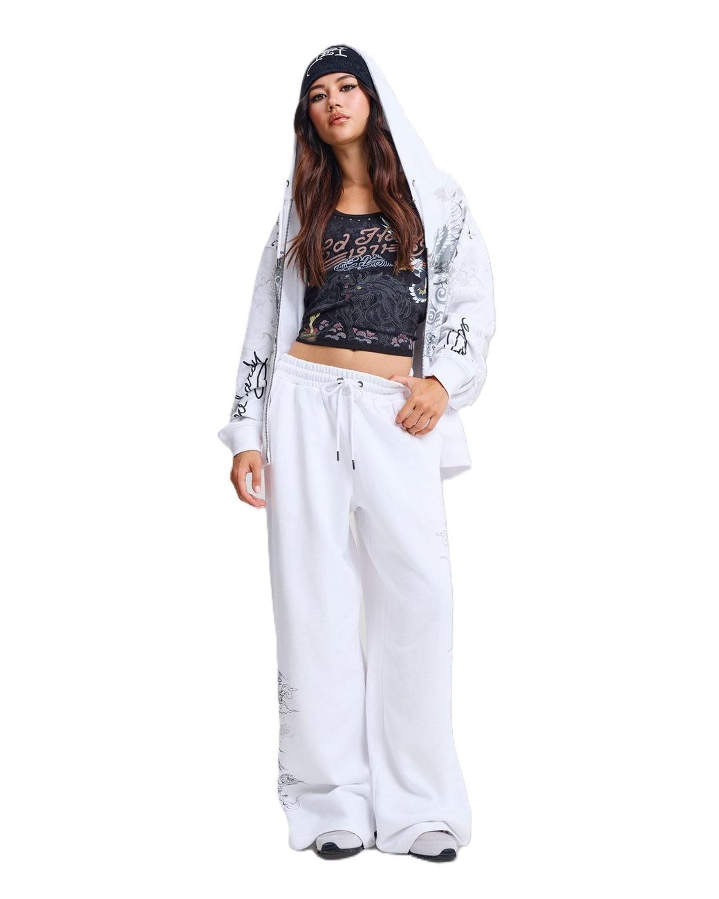Ed Hardy White Diamante Venom Enzyme Wash Relaxed Zip Thru Hoodie