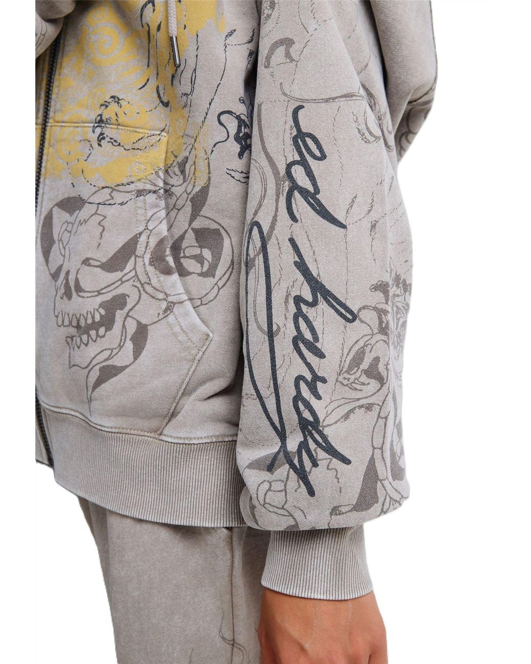 Ed Hardy Gray Diamante Venom Stone Wash Relaxed Zip Thru Hoodie