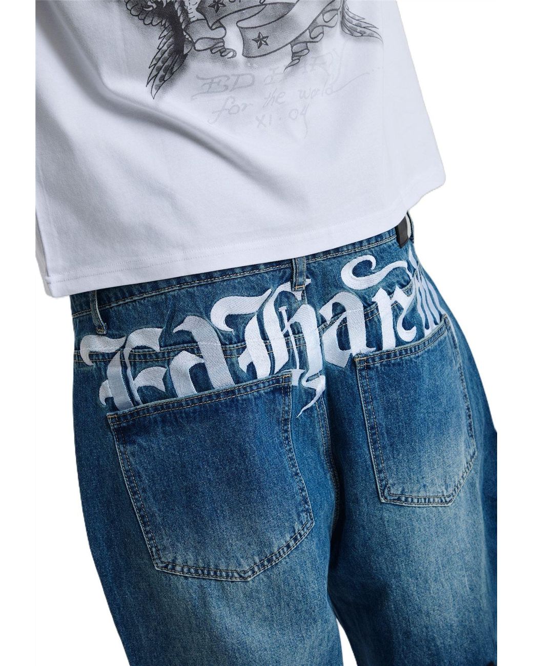 Ed Hardy Blue Serpent Skull Graphic Relaxed Mid Jeans for men