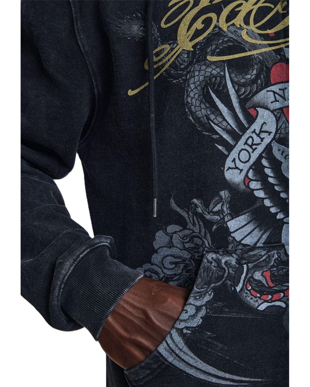 Ed Hardy Blue New York Washed Relaxed Zip Thru Hoodie for men
