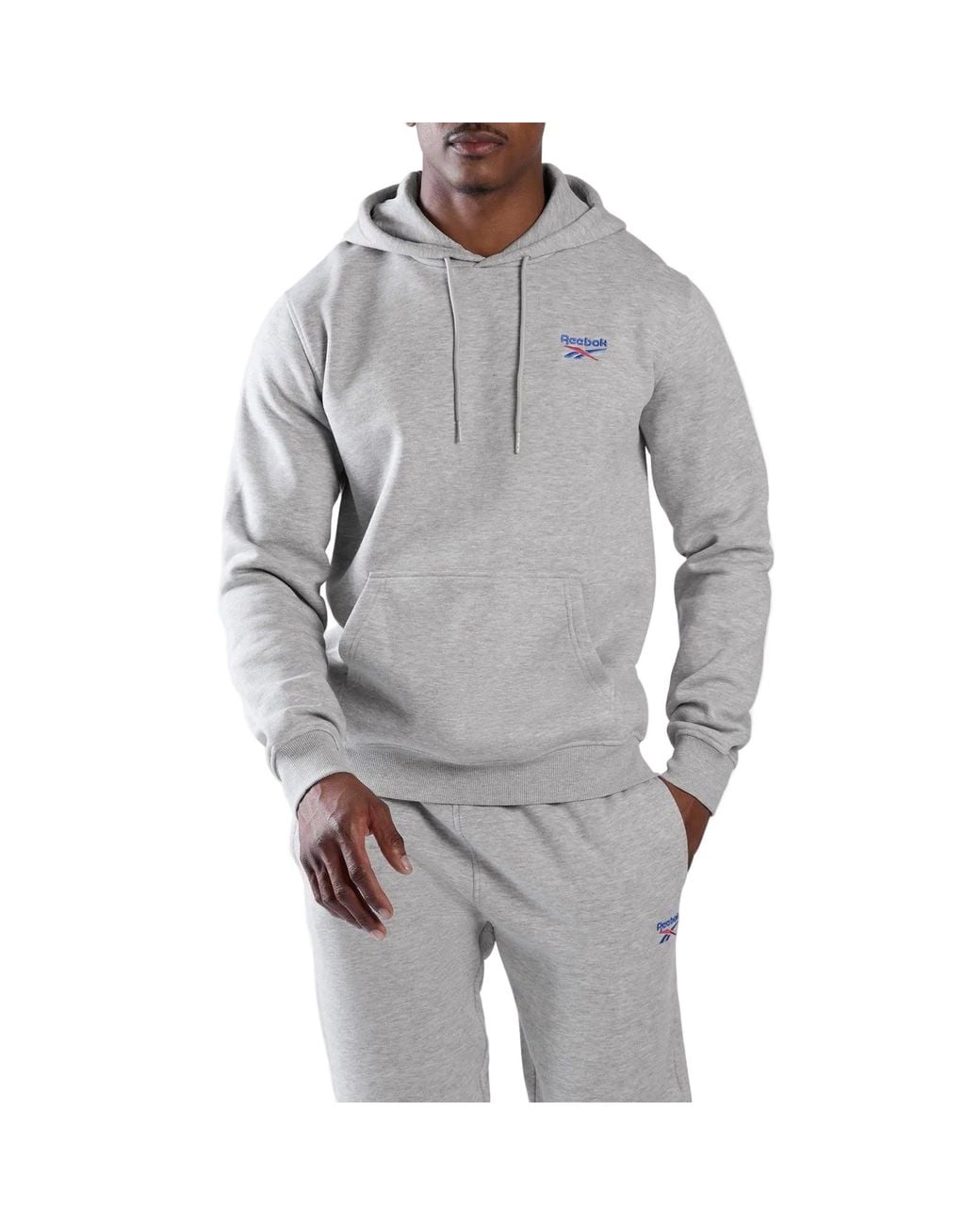 Reebok Gray Id 2-Col Logo Hoodie Cotton Hooded Sweatshirt for men