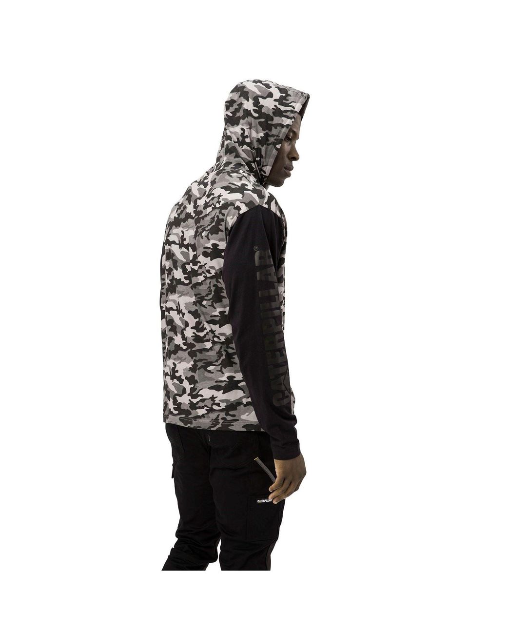 Caterpillar Black Hooded Long Sleeve Cotton T-Shirt for men