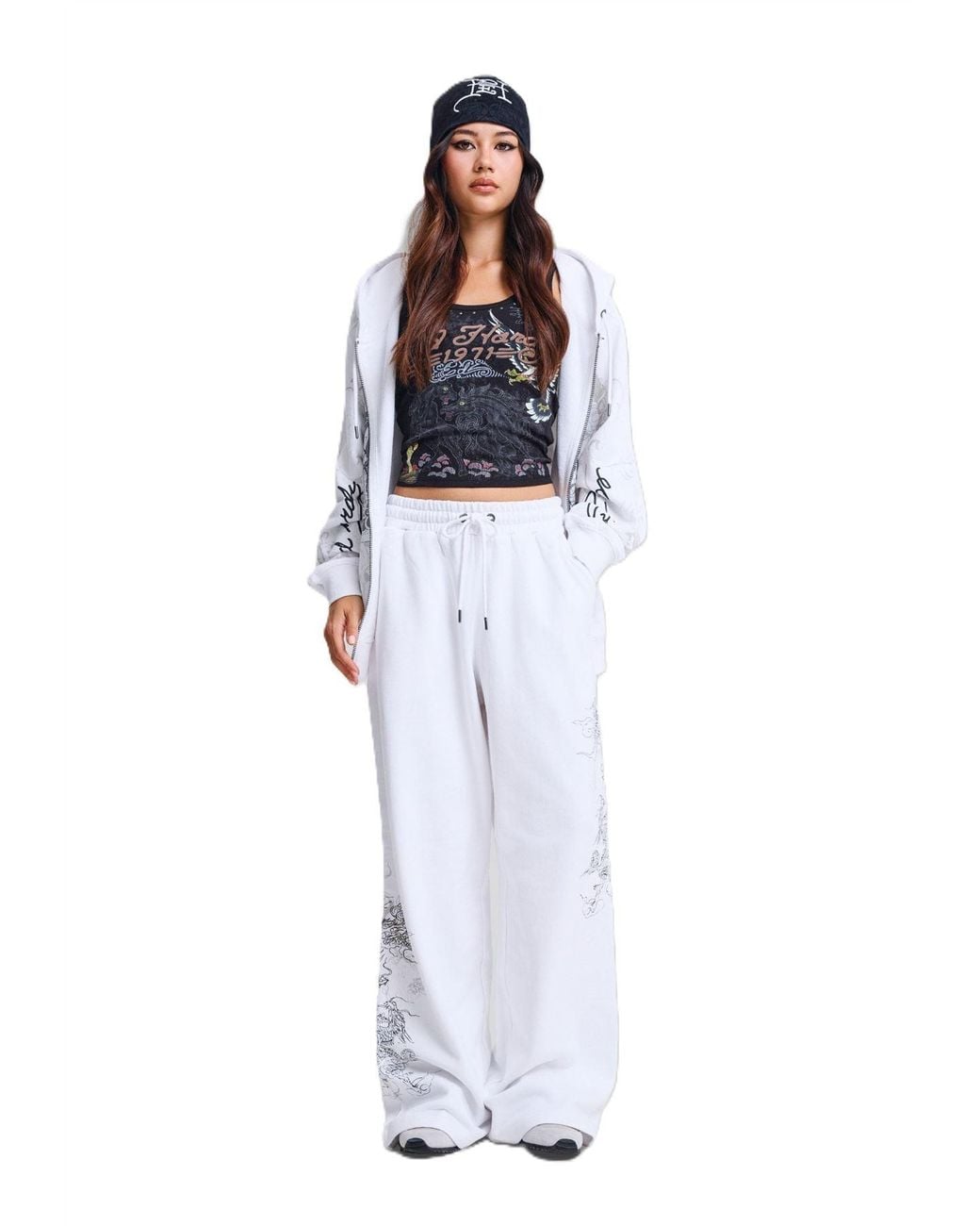 Ed Hardy White Gothic Dragon Stone Wash Relaxed Joggers