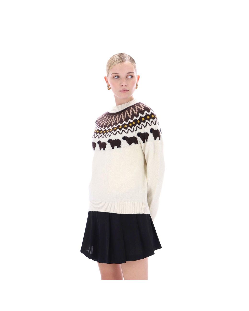 Hunter White Ashie Crew Fair Isle Knit Polyester Crew Neck Jumper