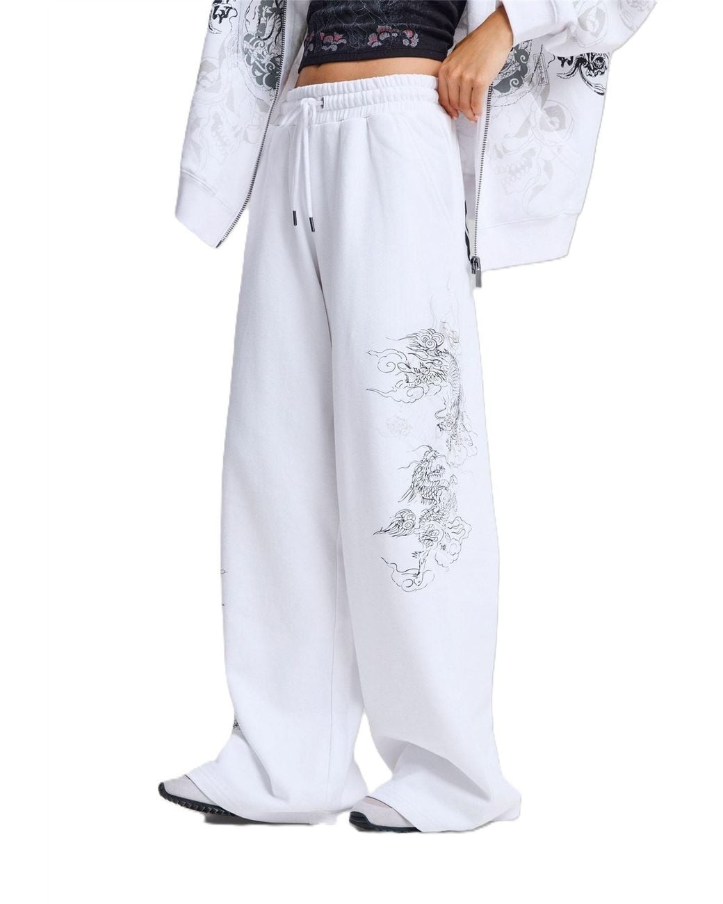 Ed Hardy White Gothic Dragon Stone Wash Relaxed Joggers