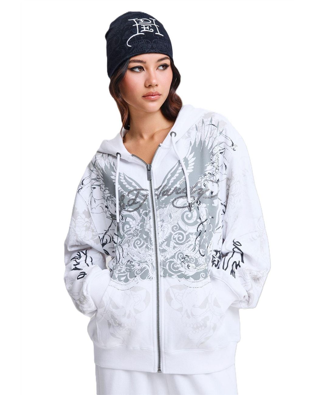 Ed Hardy White Diamante Venom Enzyme Wash Relaxed Zip Thru Hoodie