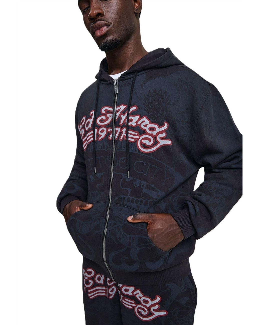 Ed Hardy Blue Shadow Eagle Graphic Relaxed Zip Thru Hoodie for men