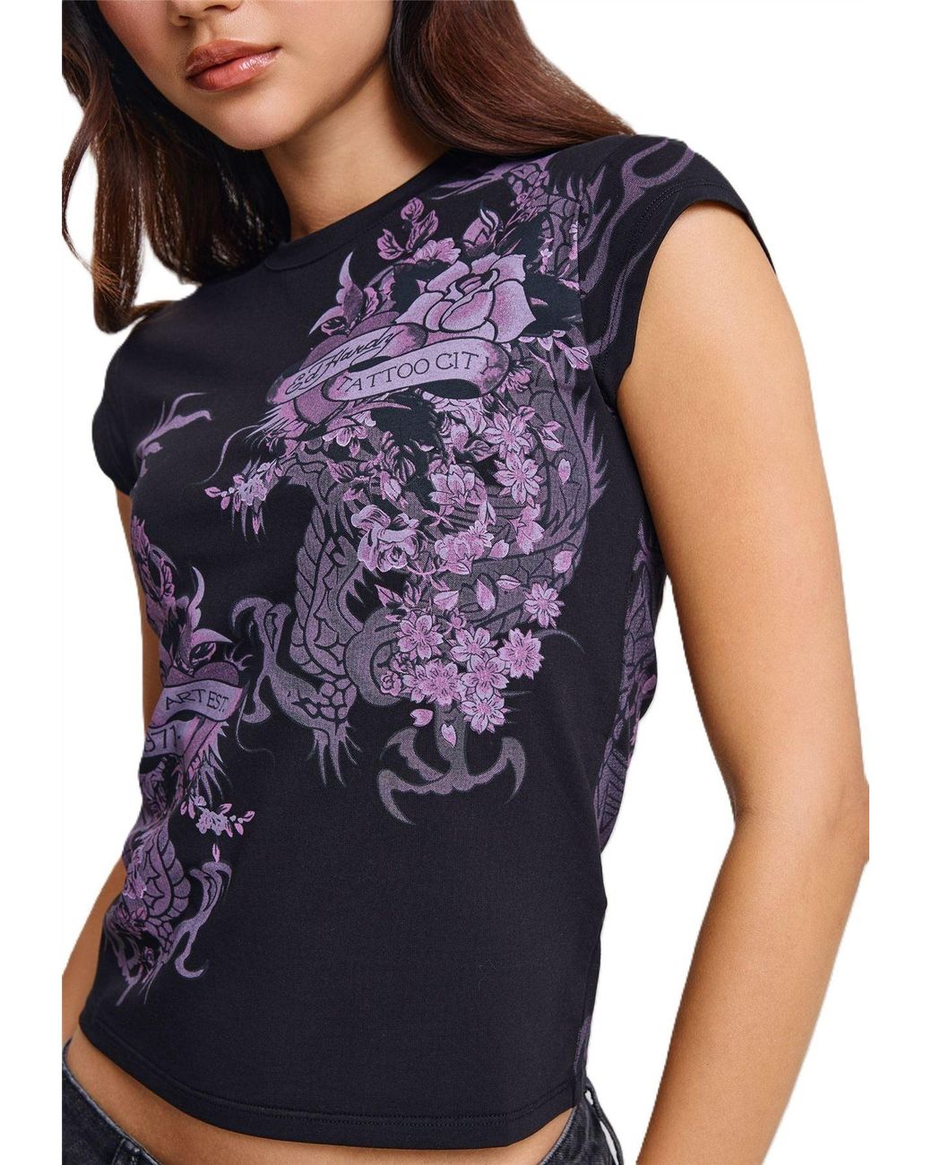 Ed Hardy Blue Tattoo City Cap Sleeve Top T-Shirts
