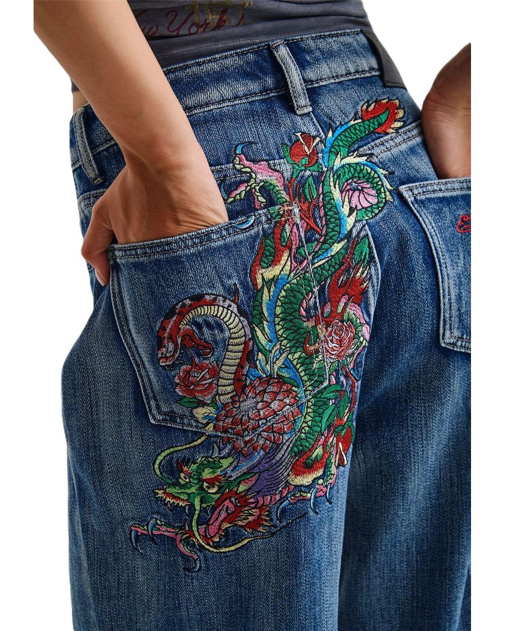 Ed Hardy Blue Crawling Dragon Washed Relaxed Mid Jeans
