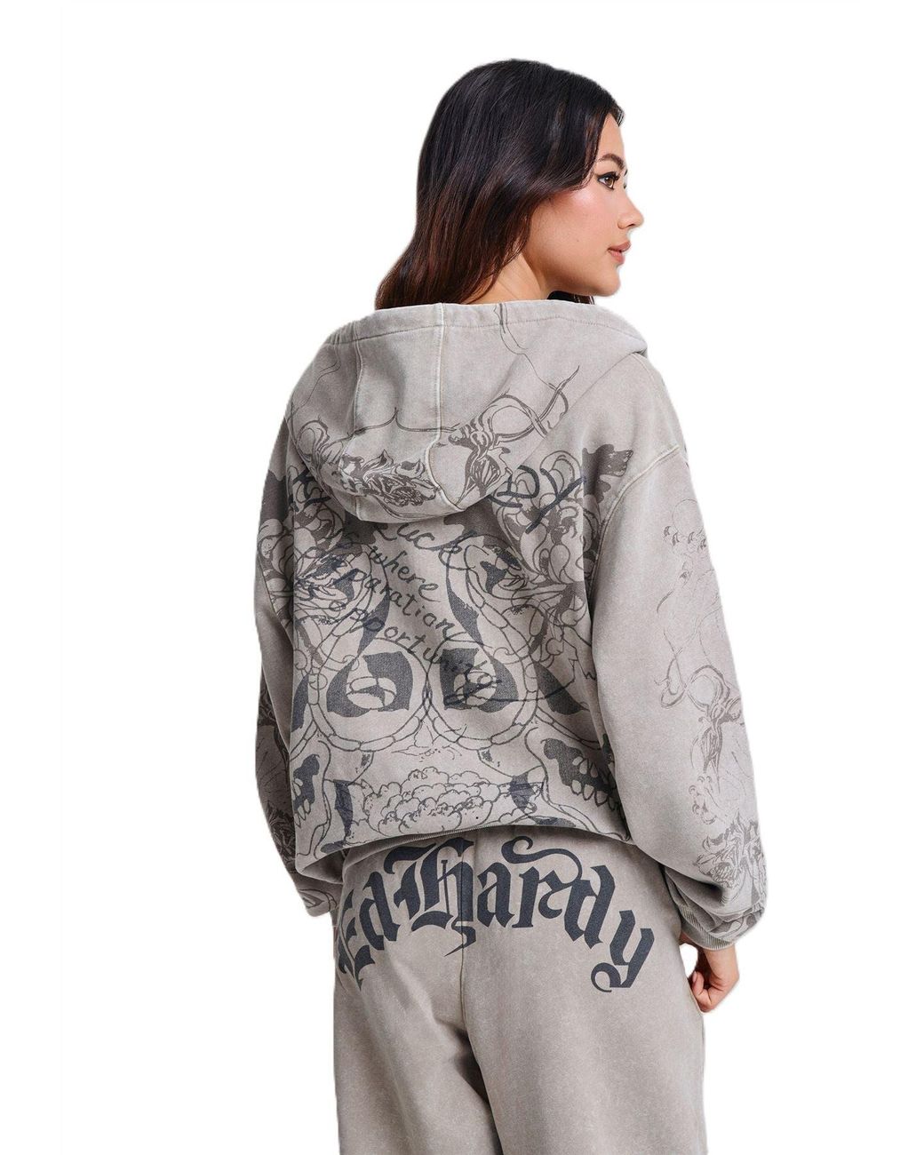 Ed Hardy Gray Diamante Venom Stone Wash Relaxed Zip Thru Hoodie