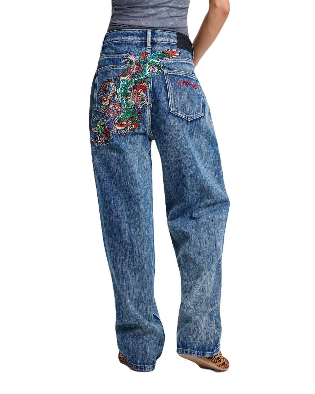 Ed Hardy Blue Crawling Dragon Washed Relaxed Mid Jeans