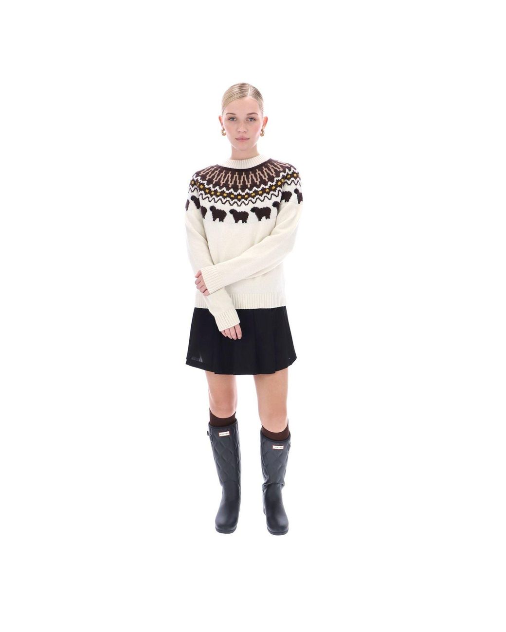 Hunter White Ashie Crew Fair Isle Knit Polyester Crew Neck Jumper