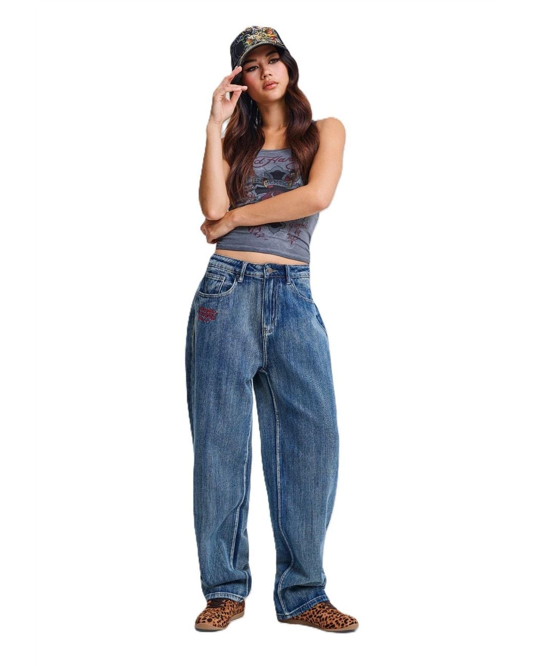 Ed Hardy Blue Crawling Dragon Washed Relaxed Mid Jeans