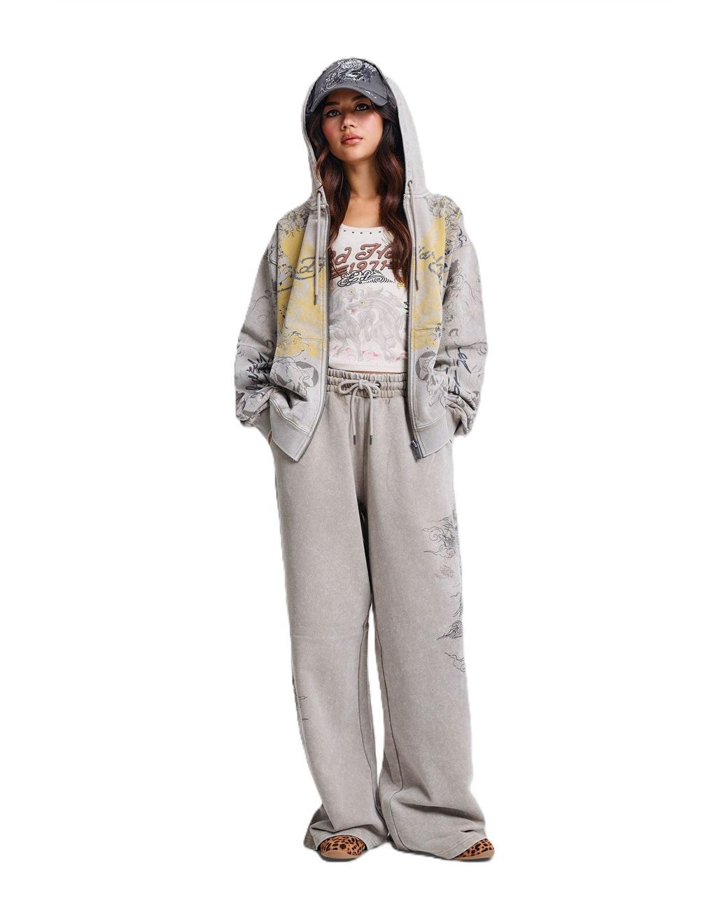 Ed Hardy Gray Diamante Venom Stone Wash Relaxed Zip Thru Hoodie