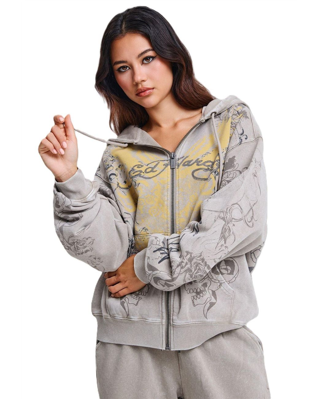 Ed Hardy Gray Diamante Venom Stone Wash Relaxed Zip Thru Hoodie