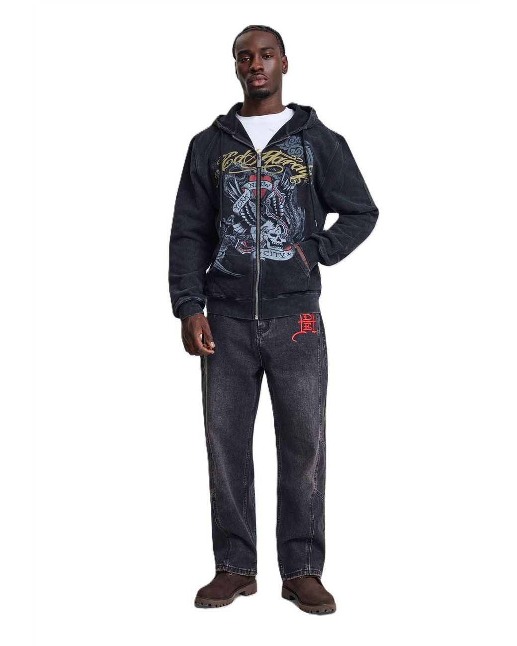Ed Hardy Blue New York Washed Relaxed Zip Thru Hoodie for men