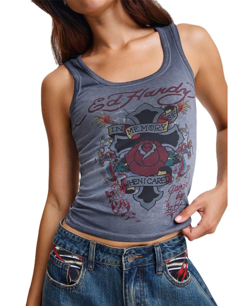 Ed Hardy Blue Memory Of When I Cared Fitted Vest Top