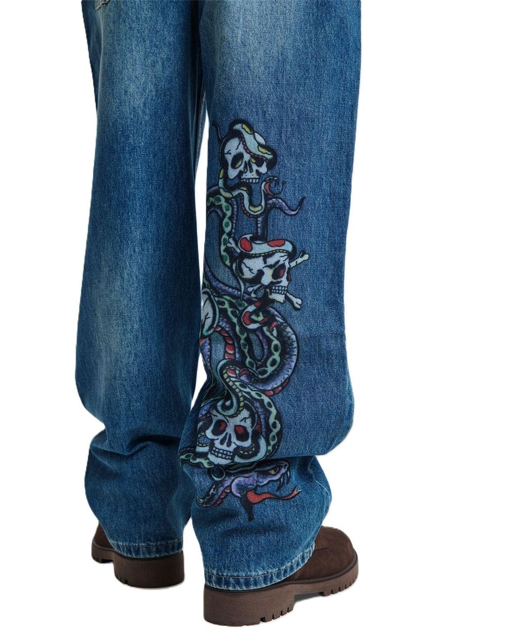 Ed Hardy Blue Serpent Skull Graphic Relaxed Mid Jeans for men