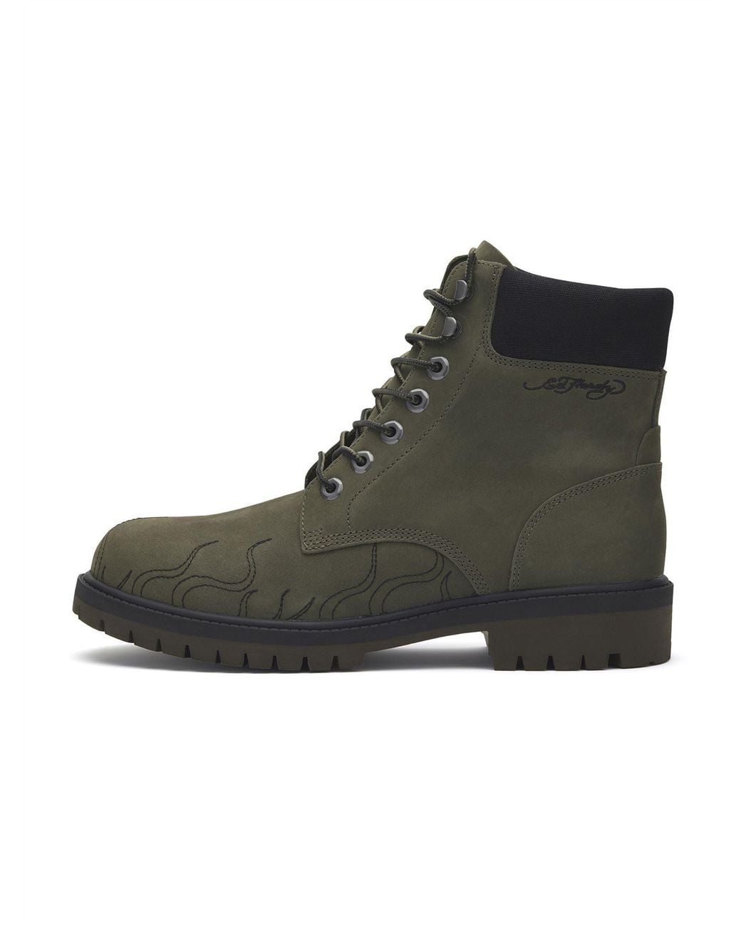 Ed Hardy Black Embroidered Flames Nubuck Khaki Boots